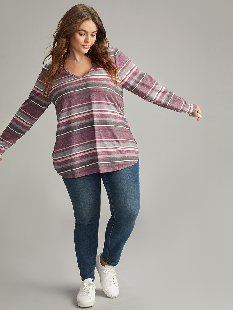 Plus Size Striped Contrast Heather Arc Hem T-shirt Multicolor Women Casual Heather Striped V-neck Everyday T-shirts BloomChic 30/6X 