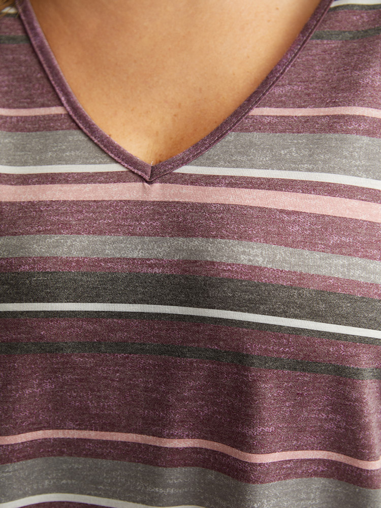 Plus Size Striped Contrast Heather Arc Hem T-shirt Multicolor Women Casual Heather Striped V-neck Everyday T-shirts BloomChic 30/6X 