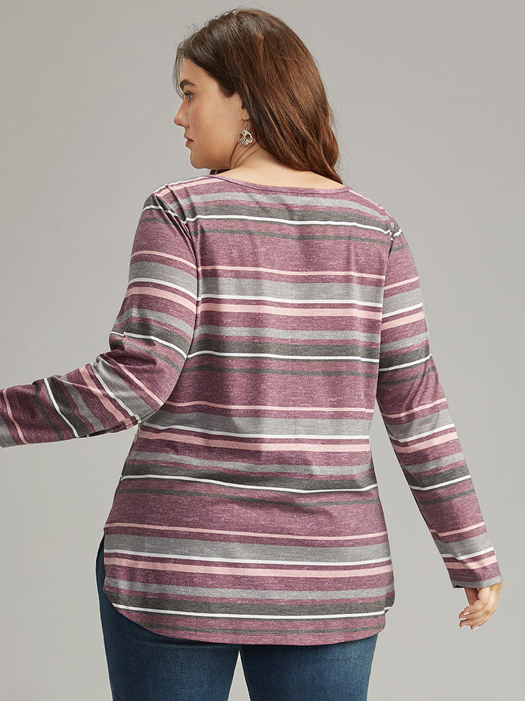 Plus Size Striped Contrast Heather Arc Hem T-shirt Multicolor Women Casual Heather Striped V-neck Everyday T-shirts BloomChic 30/6X 