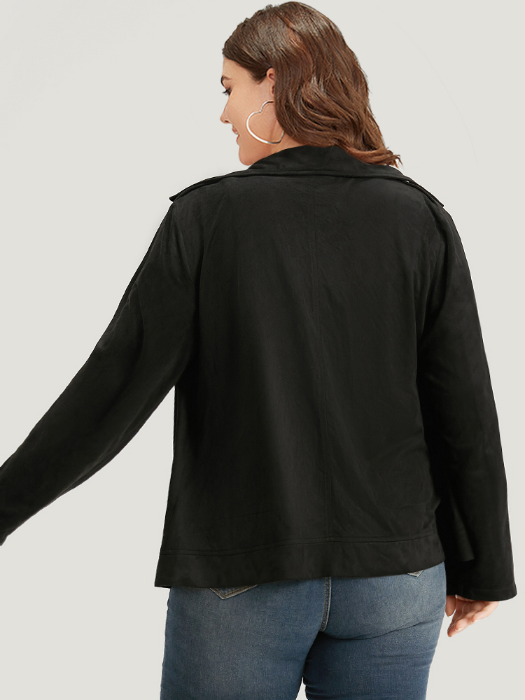 

Plus Size Solid Lapel Collar Zipper Metal Detail Jacket Women Black Plain Dailywear Jackets BloomChic