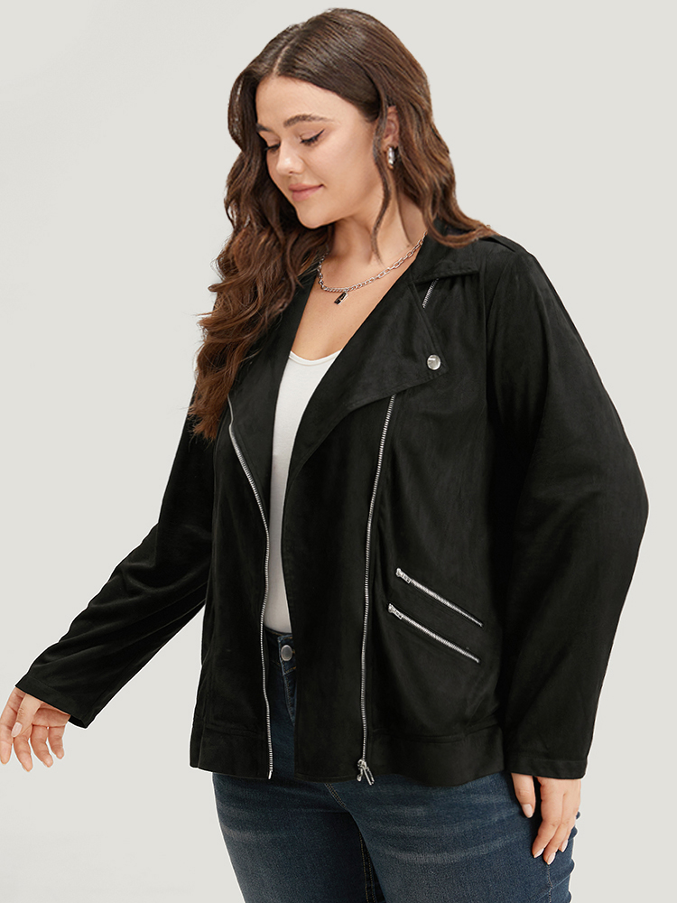 Plus Size Solid Lapel Collar Zipper Metal Detail Jacket Women Black Plain Dailywear Jackets BloomChic 22-24/3X 