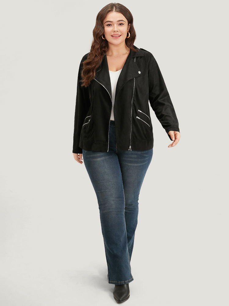 Plus Size Solid Lapel Collar Zipper Metal Detail Jacket Women Black Plain Dailywear Jackets BloomChic 22-24/3X 