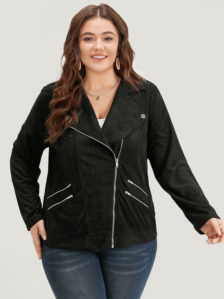 Plus Size Solid Lapel Collar Zipper Metal Detail Jacket Women Black Plain Dailywear Jackets BloomChic 22-24/3X 
