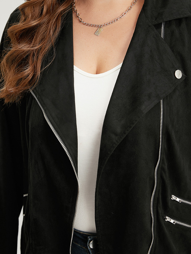 Plus Size Solid Lapel Collar Zipper Metal Detail Jacket Women Black Plain Dailywear Jackets BloomChic 22-24/3X 