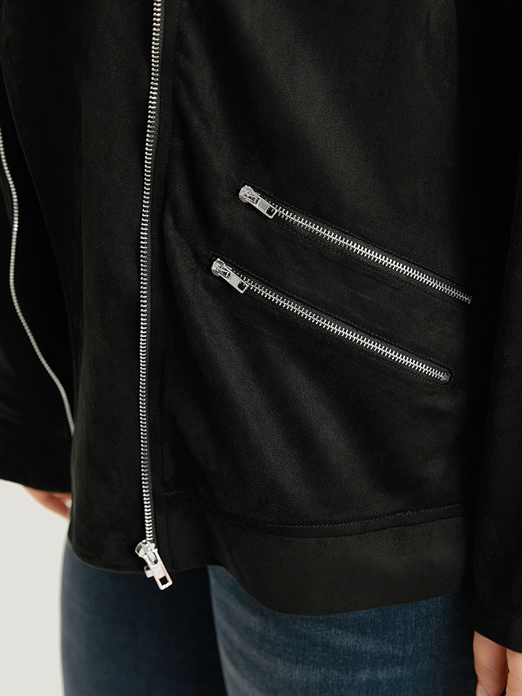 Plus Size Solid Lapel Collar Zipper Metal Detail Jacket Women Black Plain Dailywear Jackets BloomChic 22-24/3X 