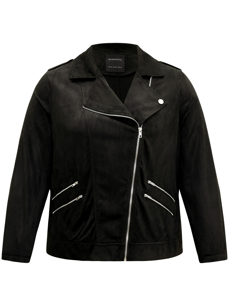 Plus Size Solid Lapel Collar Zipper Metal Detail Jacket Women Black Plain Dailywear Jackets BloomChic 22-24/3X 