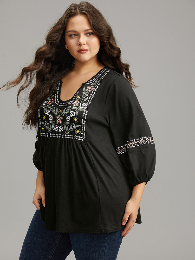 

Plus Size Bandana Embroidered Gathered Lantern Sleeve T-shirt Black Notched collar Elbow-length sleeve Elegant Jersey Tops