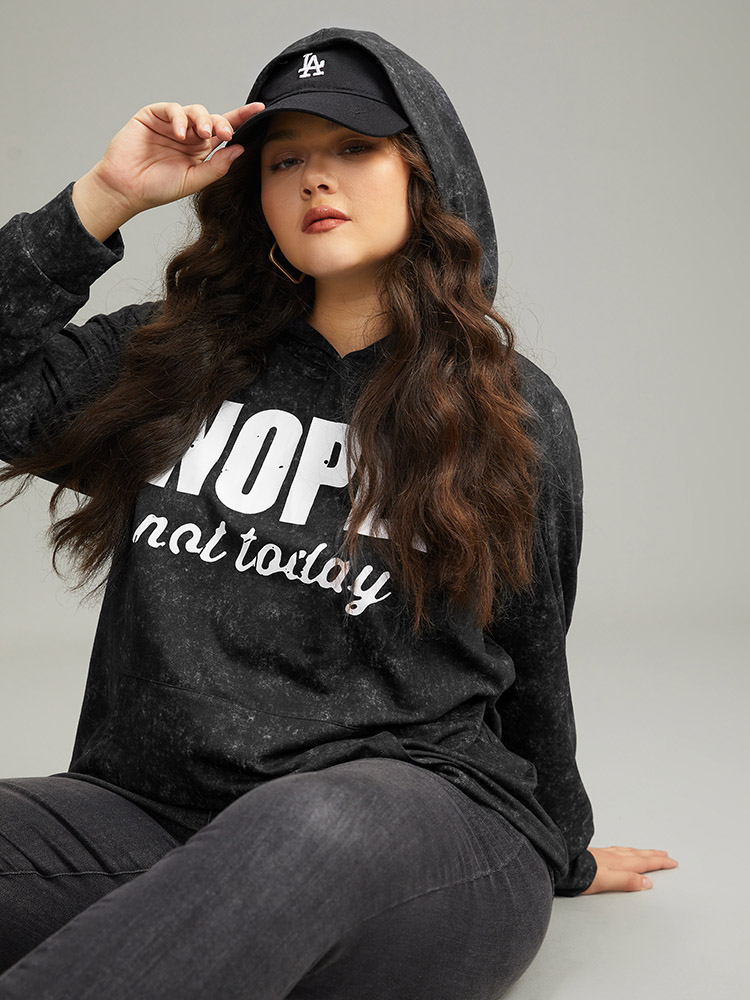 

Plus Size Letter Vintage Hooded Pocket Sweatshirt Women Black Casual Printed Hooded Dailywear Sweatshirts BloomChic