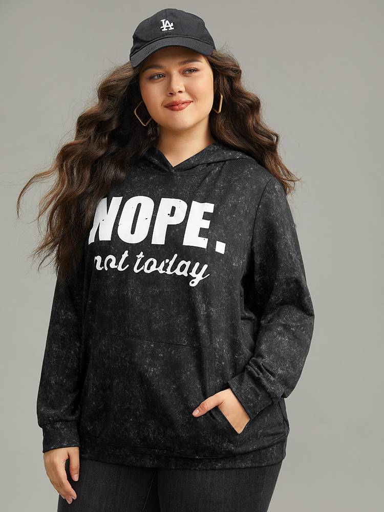 Plus Size Letter Vintage Hooded Pocket Sweatshirt Women Black Casual Printed Hooded Dailywear Sweatshirts BloomChic 14-16/1X 