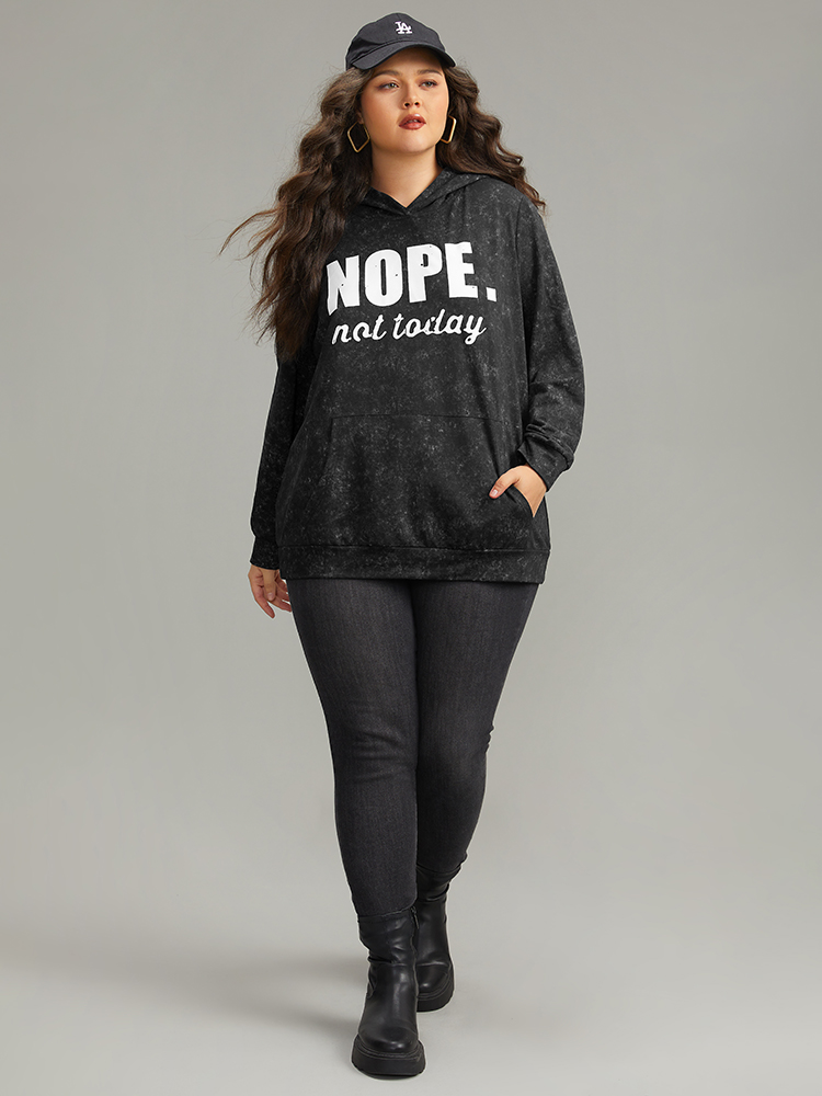 Plus Size Letter Vintage Hooded Pocket Sweatshirt Women Black Casual Printed Hooded Dailywear Sweatshirts BloomChic 14-16/1X 