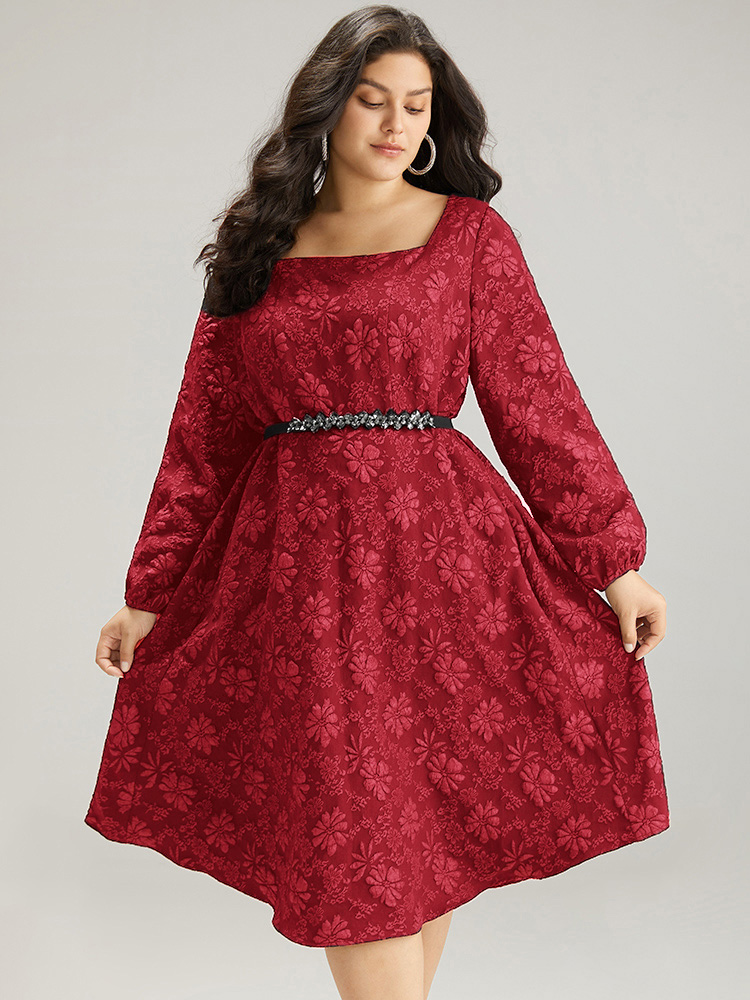 

Plus Size Floral Print Plisse Pocket Lantern Sleeve Dress Raspberry Women Cocktail Elastic cuffs Square Neck Long Sleeve Curvy Midi Dress BloomChic