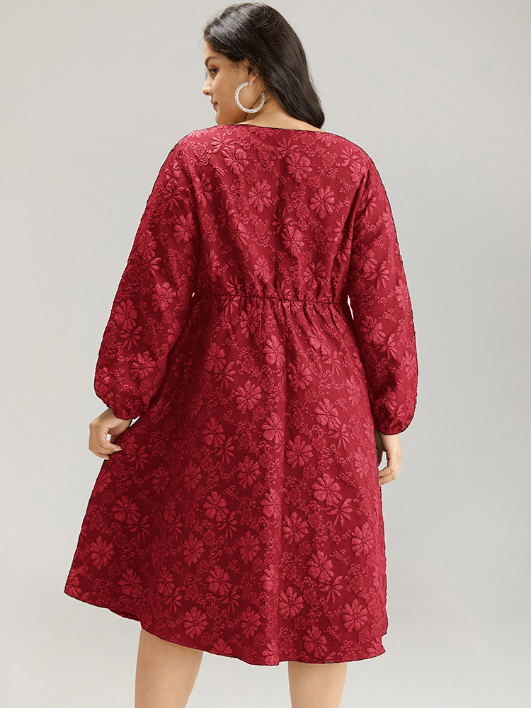 

Plus Size Floral Print Plisse Pocket Lantern Sleeve Dress Raspberry Women Cocktail Elastic cuffs Square Neck Long Sleeve Curvy Midi Dress BloomChic