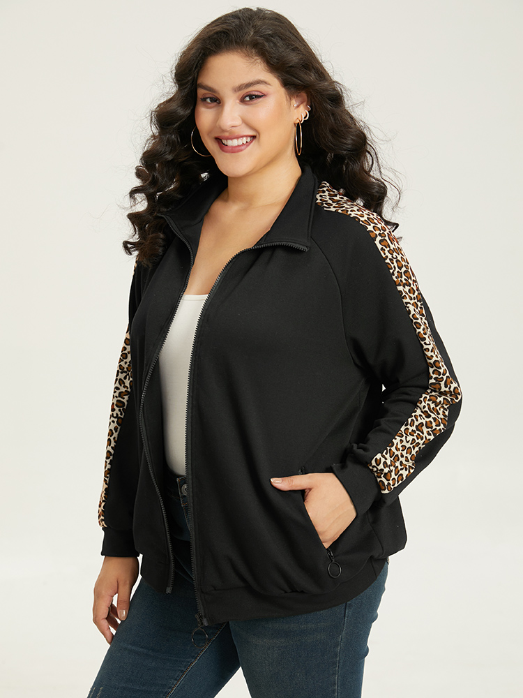 Plus Size Leopard Print Patchwork Zipper Pocket Jacket Women Black Elastic cuffs Pocket Dailywear Jackets BloomChic 14-16/1X 