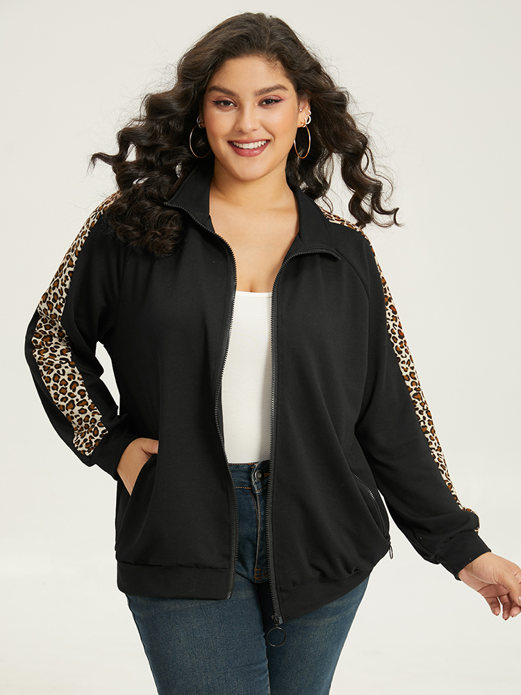 

Plus Size Leopard Print Patchwork Zipper Pocket Jacket Women Black Elastic cuffs Pocket Dailywear Jackets BloomChic