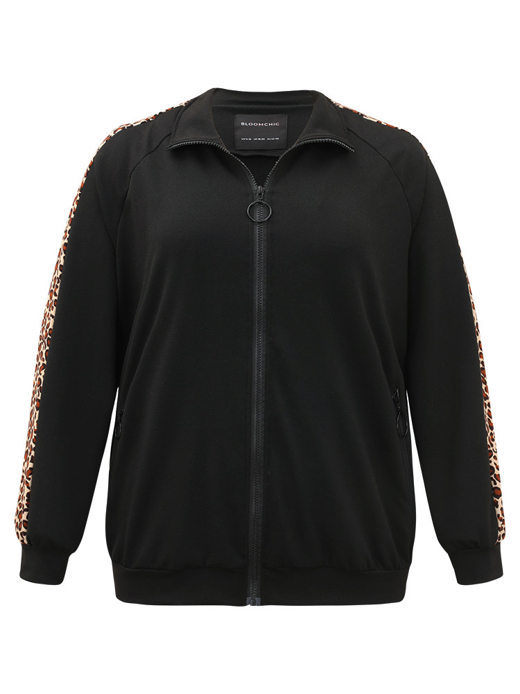 Plus Size Leopard Print Patchwork Zipper Pocket Jacket Women Black Elastic cuffs Pocket Dailywear Jackets BloomChic 14-16/1X 