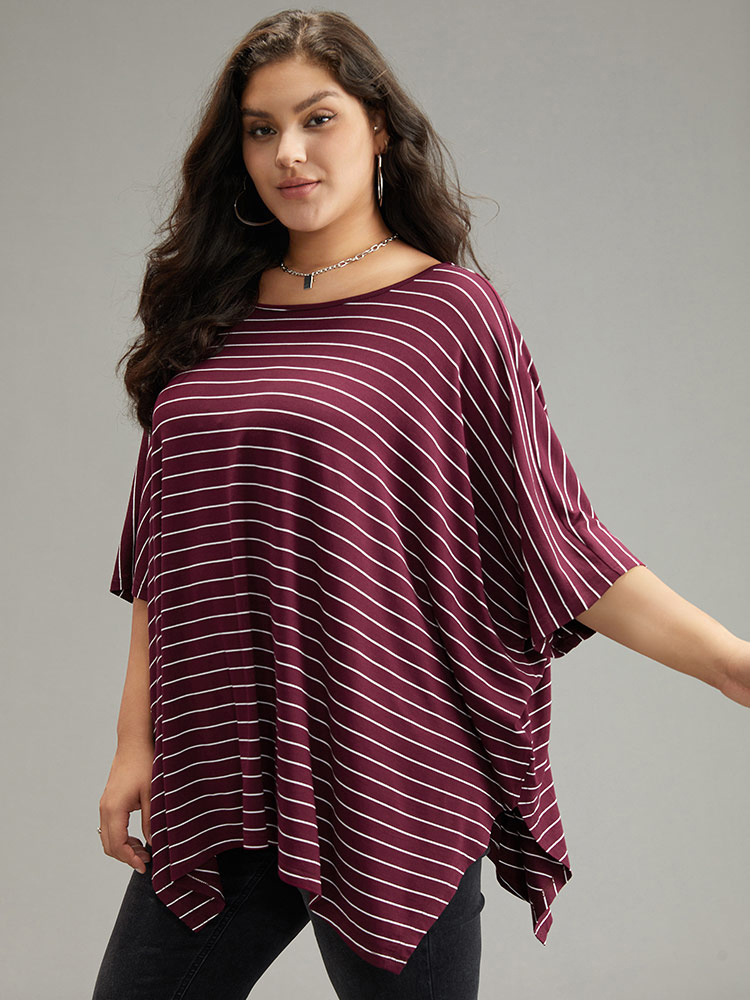 

Plus Size Striped Asymmetrical Split Hem T-shirt Purple Boat Neck Half Sleeve Casual Jersey Tops