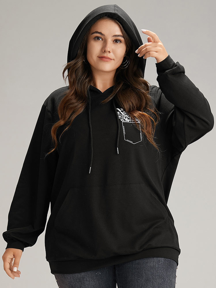 Plus Size Women Dailywear Natural Flowers Elastic cuffs Regular Regular Sleeve Long Sleeve Hooded Pocket Casual Sweatshirts BloomChic 