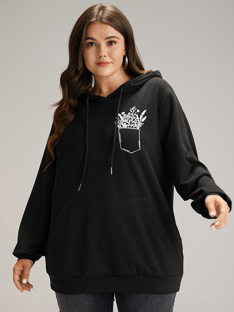 Plus Size Women Dailywear Natural Flowers Elastic cuffs Regular Regular Sleeve Long Sleeve Hooded Pocket Casual Sweatshirts BloomChic 