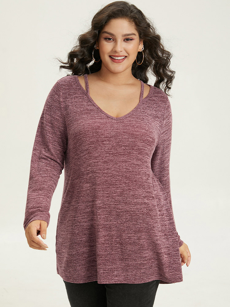 Plus Size Solid Heather V Neck Cut Out T-shirt Burgundy Women Casual Heather Plain V-neck Everyday T-shirts BloomChic 12/L 