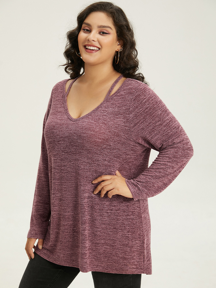 Plus Size Solid Heather V Neck Cut Out T-shirt Burgundy Women Casual Heather Plain V-neck Everyday T-shirts BloomChic 12/L 