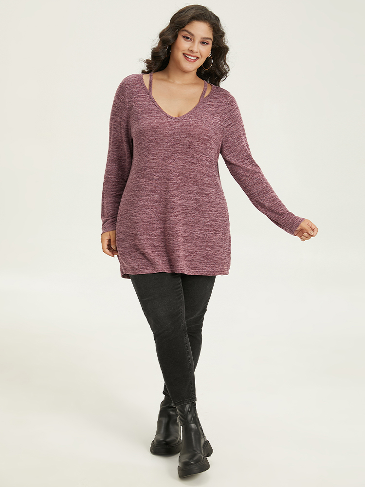 Plus Size Solid Heather V Neck Cut Out T-shirt Burgundy Women Casual Heather Plain V-neck Everyday T-shirts BloomChic 12/L 