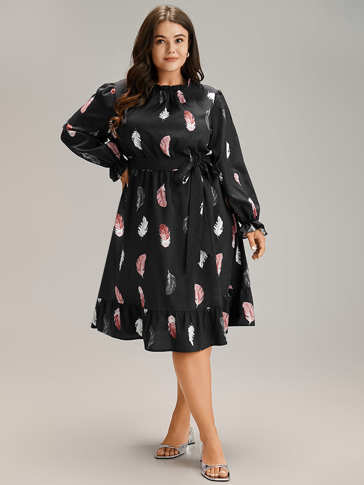 Plus Size Feather Print Frill Trim Belted Ruffle Hem Dress BlackFlower Women At the Office Gathered Stand-up collar Long Sleeve Curvy Knee Dress BloomChic 10/M 