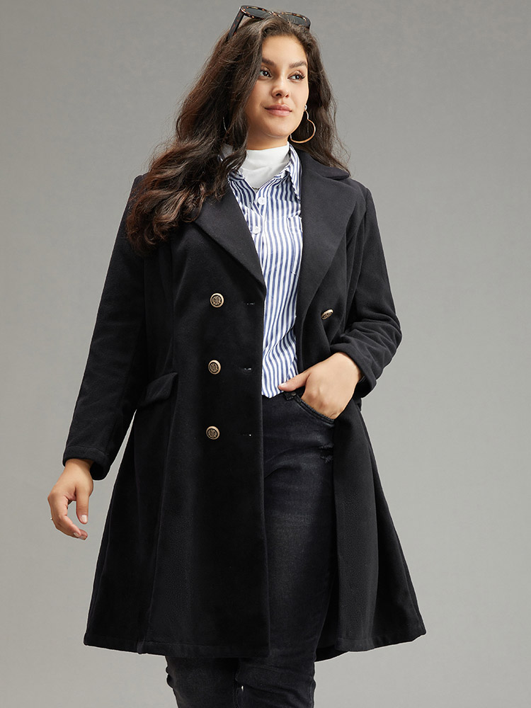 

Plus Size Lapel Collar Double Breasted Pocket Coat Women Black Casual Plain Ladies Dailywear Winter Coats BloomChic