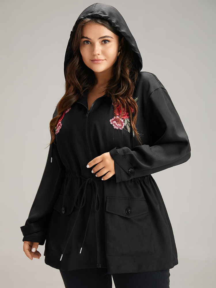 Plus Size Women Dailywear Floral Embroidered Pocket Casual Coats BloomChic 