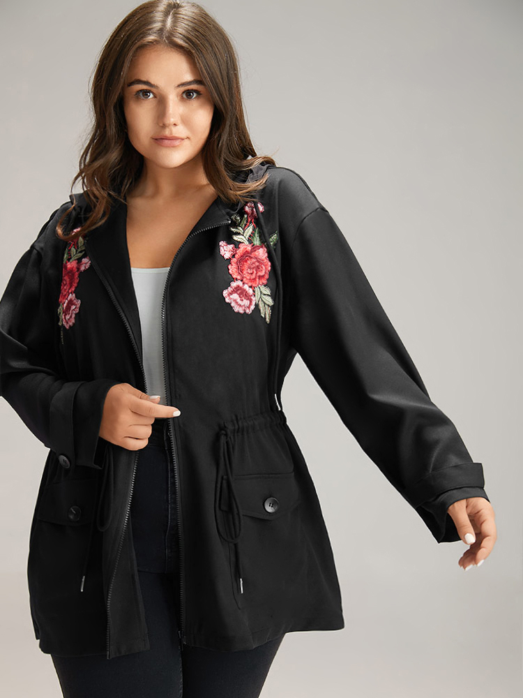 Plus Size Women Dailywear Floral Embroidered Pocket Casual Coats BloomChic 