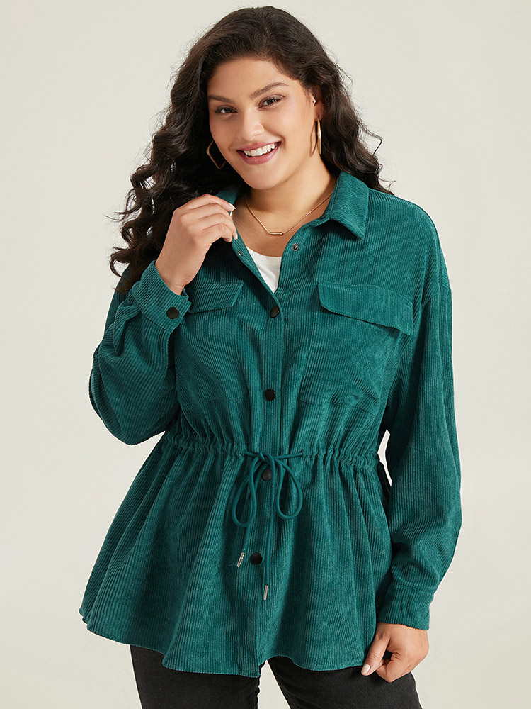 

Plus Size Plain Corduroy Pocket Button Up Drawstring Gathered Coat Women Cyan Casual Plain Ladies Dailywear Winter Coats BloomChic