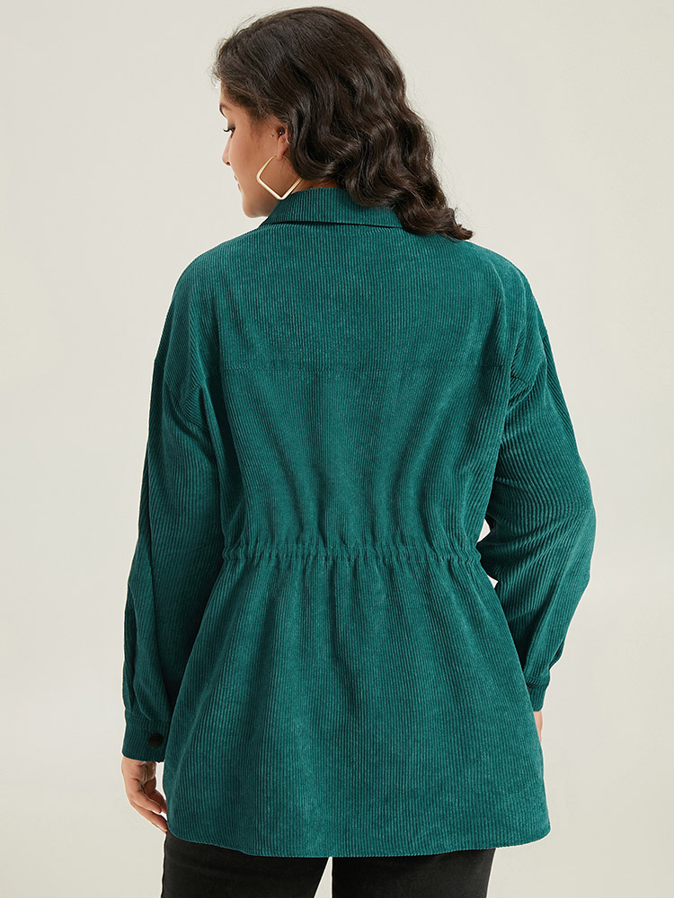 Plus Size Plain Corduroy Pocket Button Up Drawstring Gathered Coat Women Cyan Casual Plain Ladies Dailywear Winter Coats BloomChic 12/L 