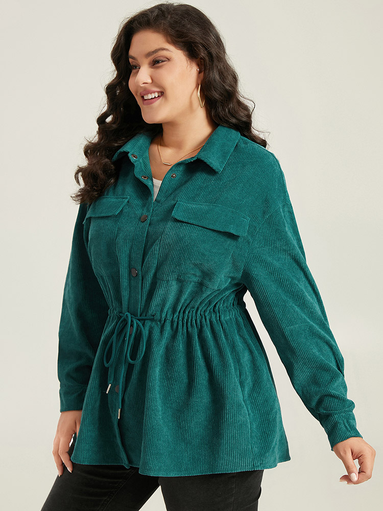 Plus Size Plain Corduroy Pocket Button Up Drawstring Gathered Coat Women Cyan Casual Plain Ladies Dailywear Winter Coats BloomChic 12/L 
