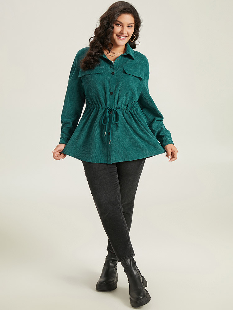 Plus Size Plain Corduroy Pocket Button Up Drawstring Gathered Coat Women Cyan Casual Plain Ladies Dailywear Winter Coats BloomChic 12/L 