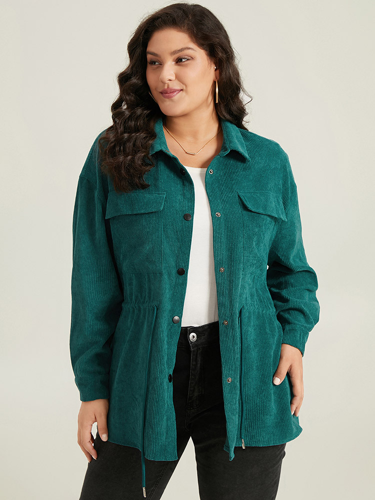 Plus Size Plain Corduroy Pocket Button Up Drawstring Gathered Coat Women Cyan Casual Plain Ladies Dailywear Winter Coats BloomChic 12/L 