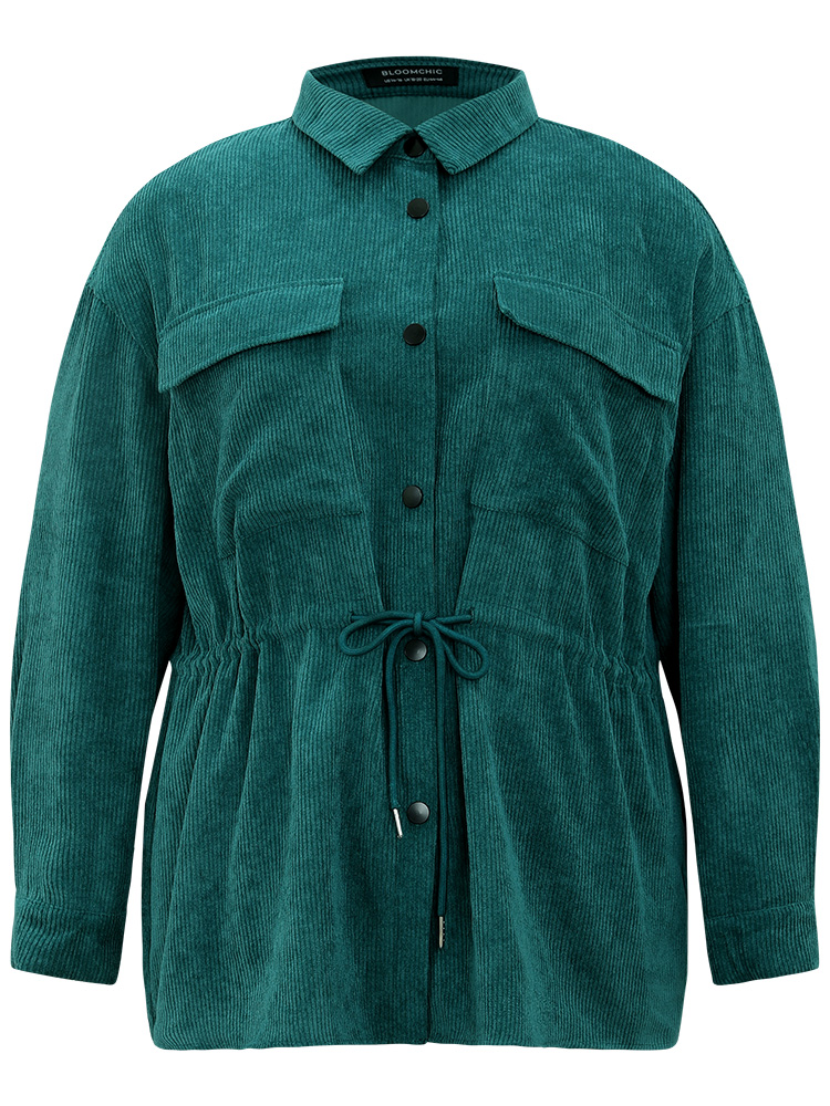 Plus Size Plain Corduroy Pocket Button Up Drawstring Gathered Coat Women Cyan Casual Plain Ladies Dailywear Winter Coats BloomChic 12/L 