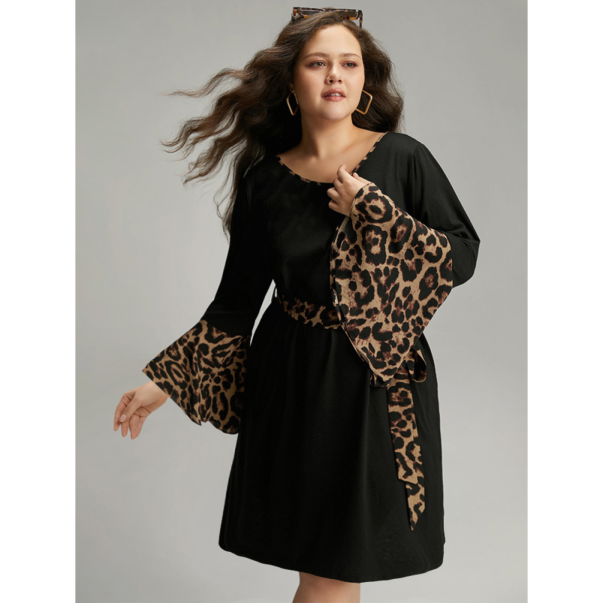 

Plus Size Supersoft Essentials Leopard Bell Sleeve Belted Dress Black Women Belted Round Neck Long Sleeve Curvy Knee Dress BloomChic