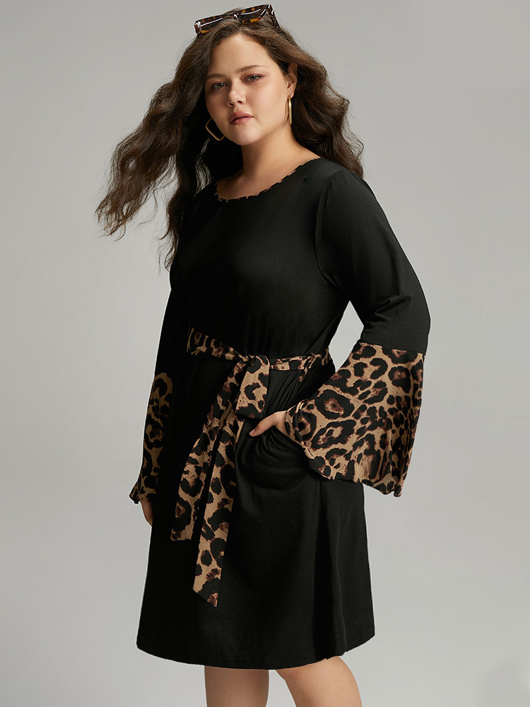 

Plus Size Supersoft Essentials Leopard Bell Sleeve Belted Dress Black Women Casual Belted Round Neck Long Sleeve Curvy Knee Dress BloomChic