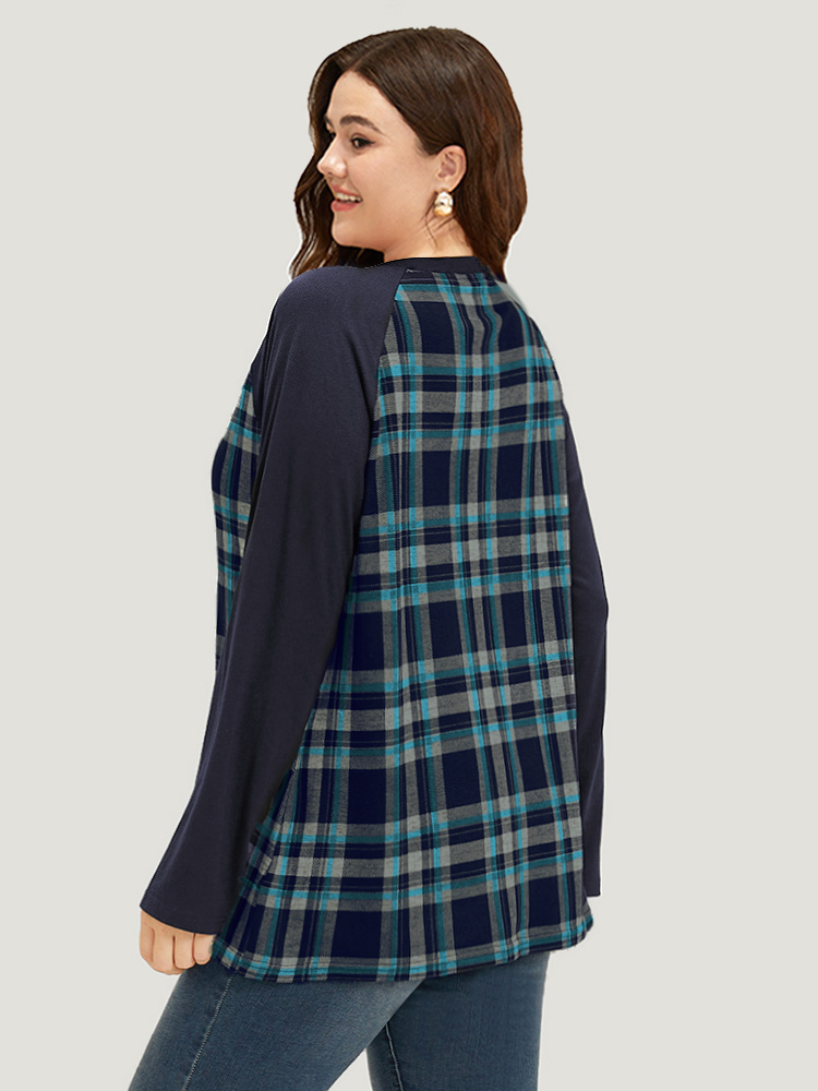 

Plus Size Plaid Raglan Sleeve Crew Neck T-shirt Cerulean Women Casual Patchwork Plaid Round Neck Dailywear T-shirts BloomChic