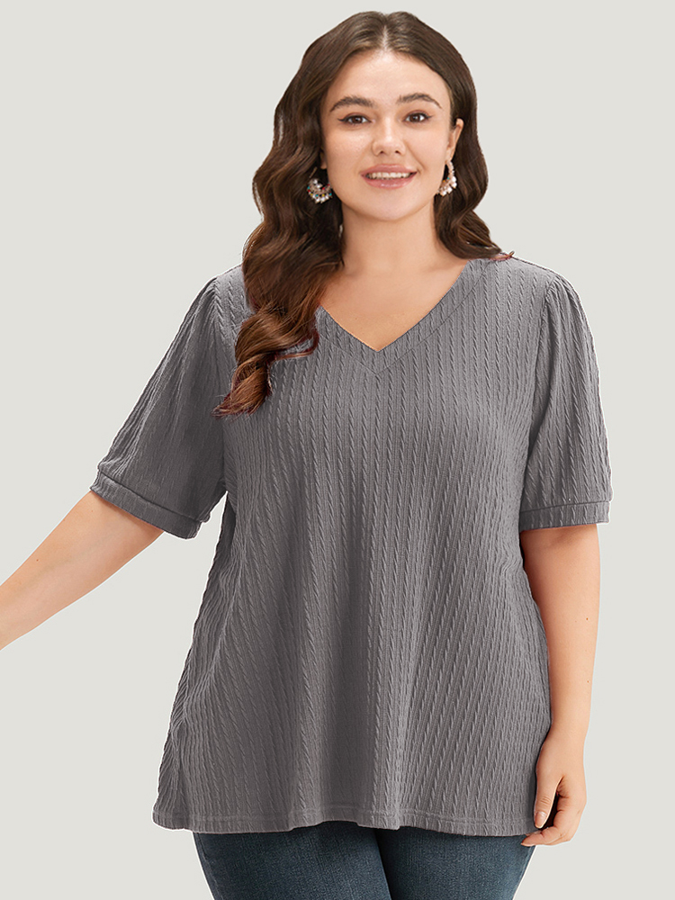 

Plus Size Plain Texture V Neck Gathered Lantern Sleeve T-shirt Gray Women Casual Texture Plain V-neck Dailywear T-shirts BloomChic