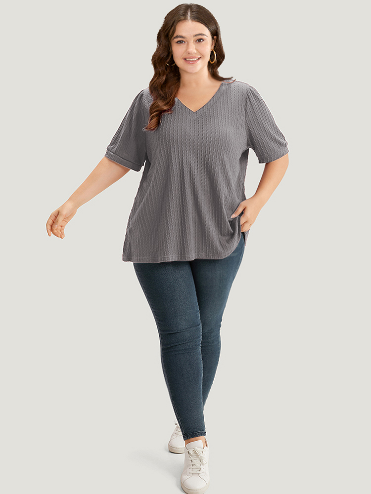 

Plus Size Plain Texture V Neck Gathered Lantern Sleeve T-shirt Gray Women Casual Texture Plain V-neck Dailywear T-shirts BloomChic