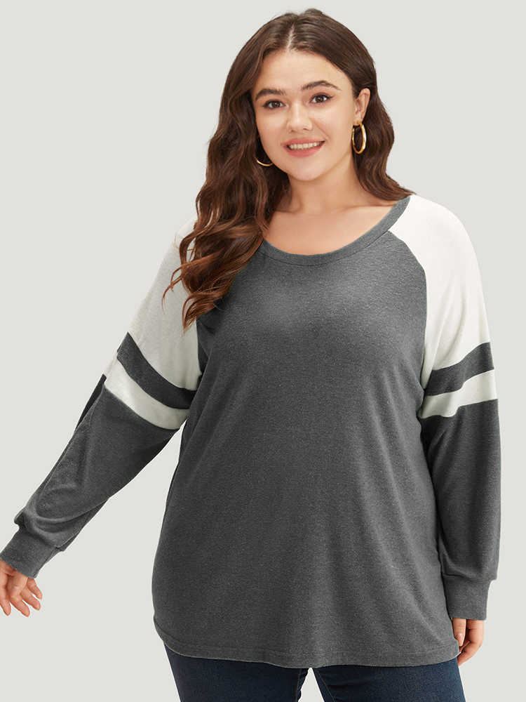 

Plus Size Colorblock Contrast Stitch Raglan Sleeve T-shirt Gray Women Casual Elastic cuffs Striped Round Neck Dailywear T-shirts BloomChic