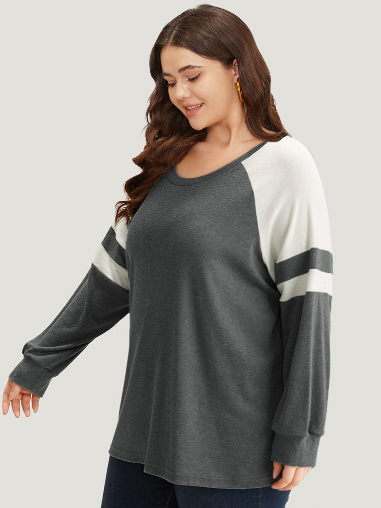 Plus Size Colorblock Contrast Stitch Raglan Sleeve T-shirt Gray Women Casual Elastic cuffs Striped Round Neck Dailywear T-shirts BloomChic 22-24/3X 