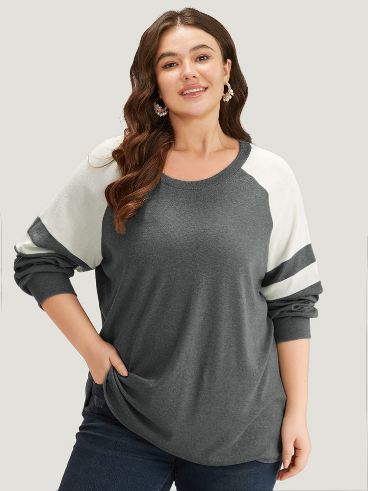 

Plus Size Colorblock Contrast Stitch Raglan Sleeve T-shirt Gray Women Casual Elastic cuffs Striped Round Neck Dailywear T-shirts BloomChic