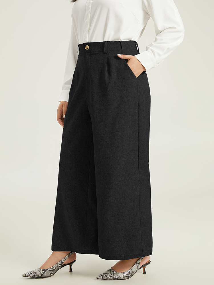 Plus Size Plain Wide Leg Elastic Waist Pocket Pants Women Black Workwear Essentials Wide Leg High Rise Work Pants BloomChic 10/M 