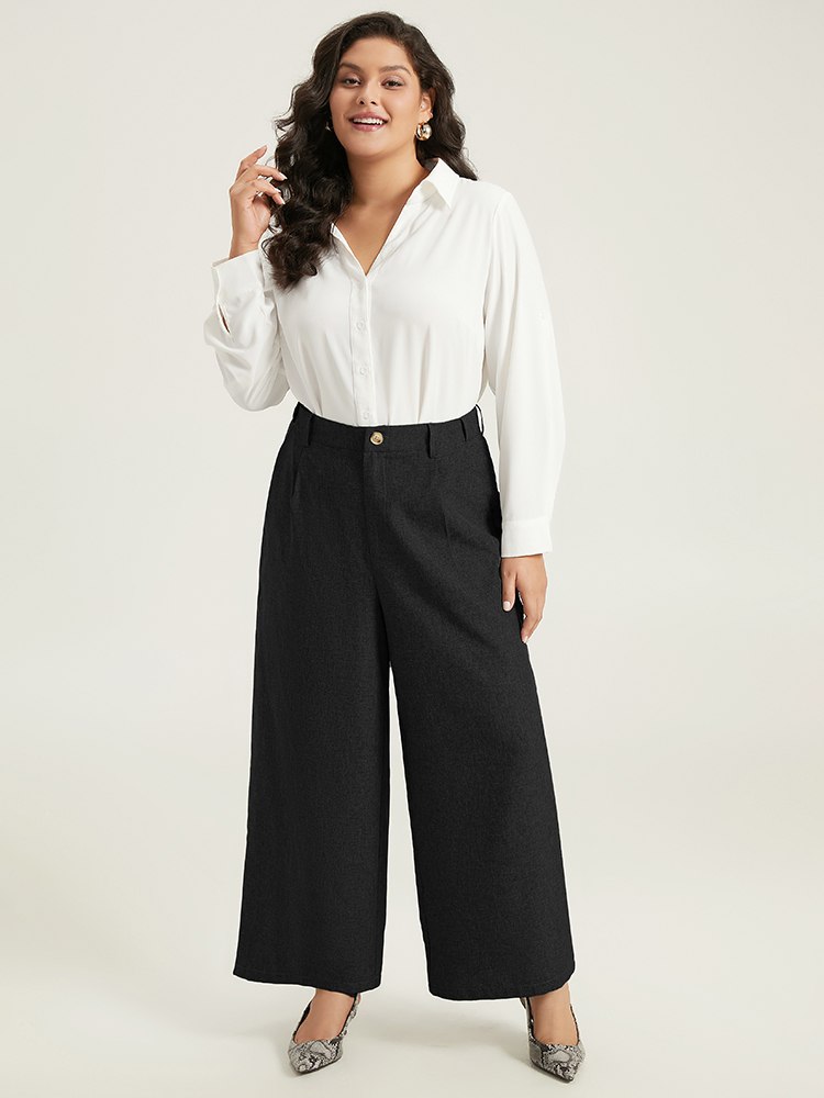 Plus Size Plain Wide Leg Elastic Waist Pocket Pants Women Black Workwear Essentials Wide Leg High Rise Work Pants BloomChic 10/M 