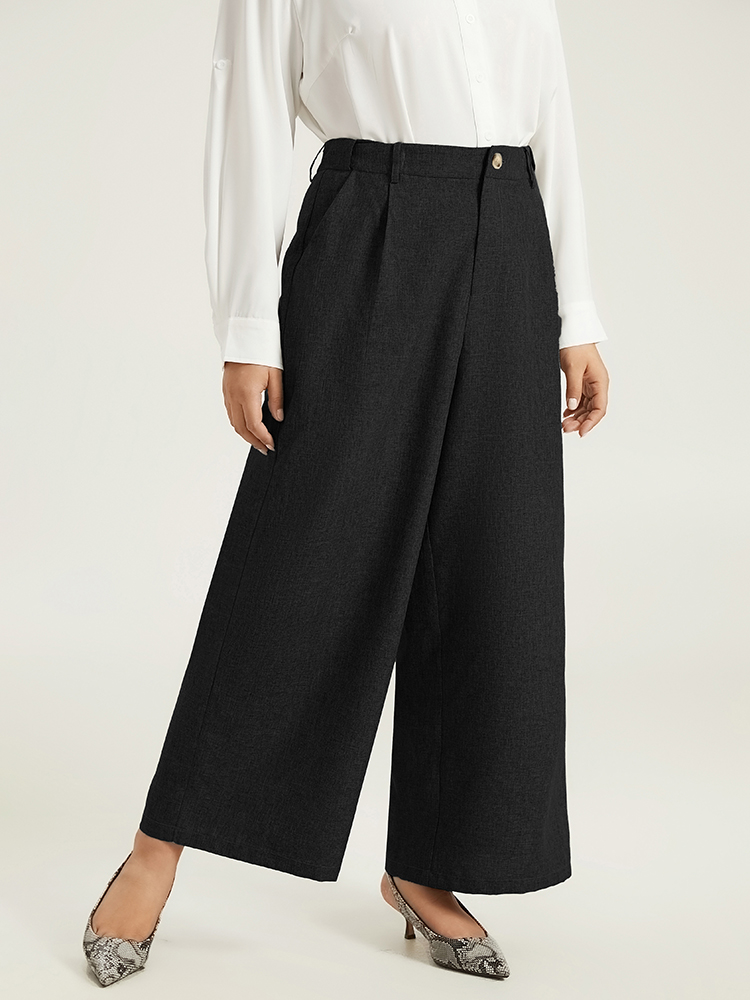 Plus Size Plain Wide Leg Elastic Waist Pocket Pants Women Black Workwear Essentials Wide Leg High Rise Work Pants BloomChic 10/M 