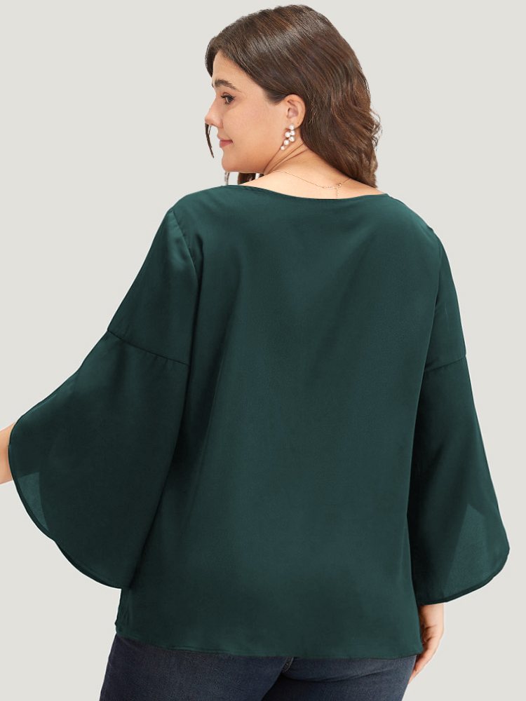 Plus Size DarkGreen Plain Wrap Flutter Sleeve Crew Neck Blouse Women Office Elbow-length sleeve Round Neck Work Blouses BloomChic 14-16/1X 