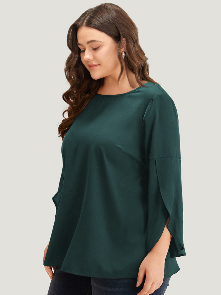 Plus Size DarkGreen Plain Wrap Flutter Sleeve Crew Neck Blouse Women Office Elbow-length sleeve Round Neck Work Blouses BloomChic 14-16/1X 