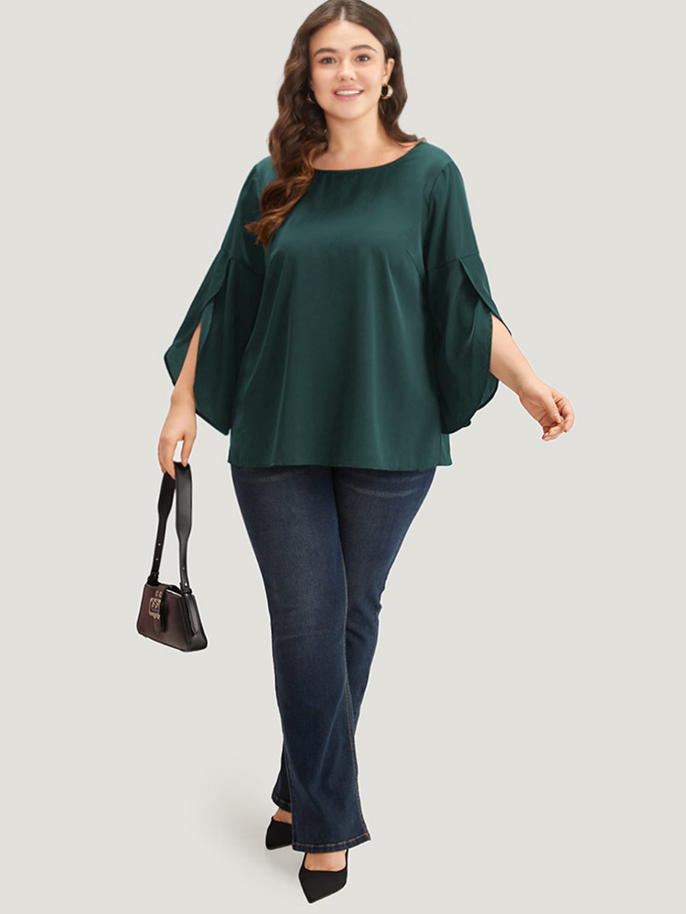 Plus Size DarkGreen Plain Wrap Flutter Sleeve Crew Neck Blouse Women Office Elbow-length sleeve Round Neck Work Blouses BloomChic 14-16/1X 