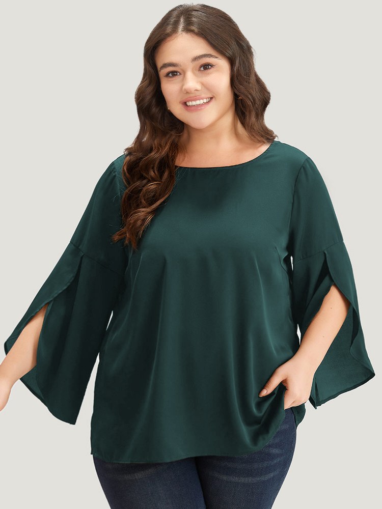 Plus Size DarkGreen Plain Wrap Flutter Sleeve Crew Neck Blouse Women Office Elbow-length sleeve Round Neck Work Blouses BloomChic 14-16/1X 